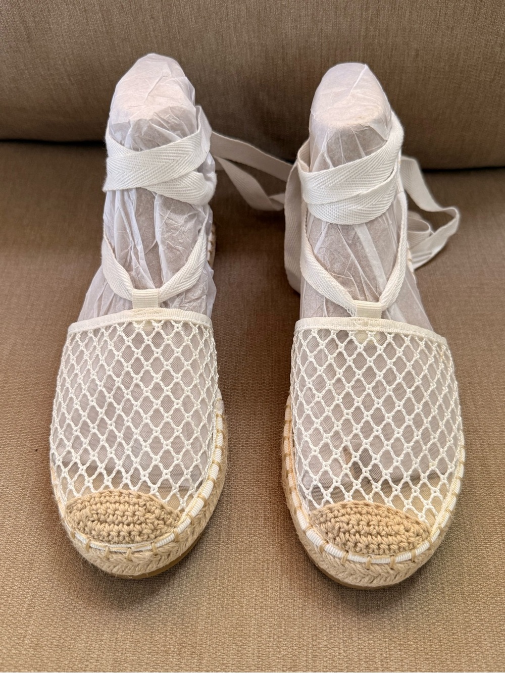 Women's Cream Mesh Espadrille Lace-Up Flats